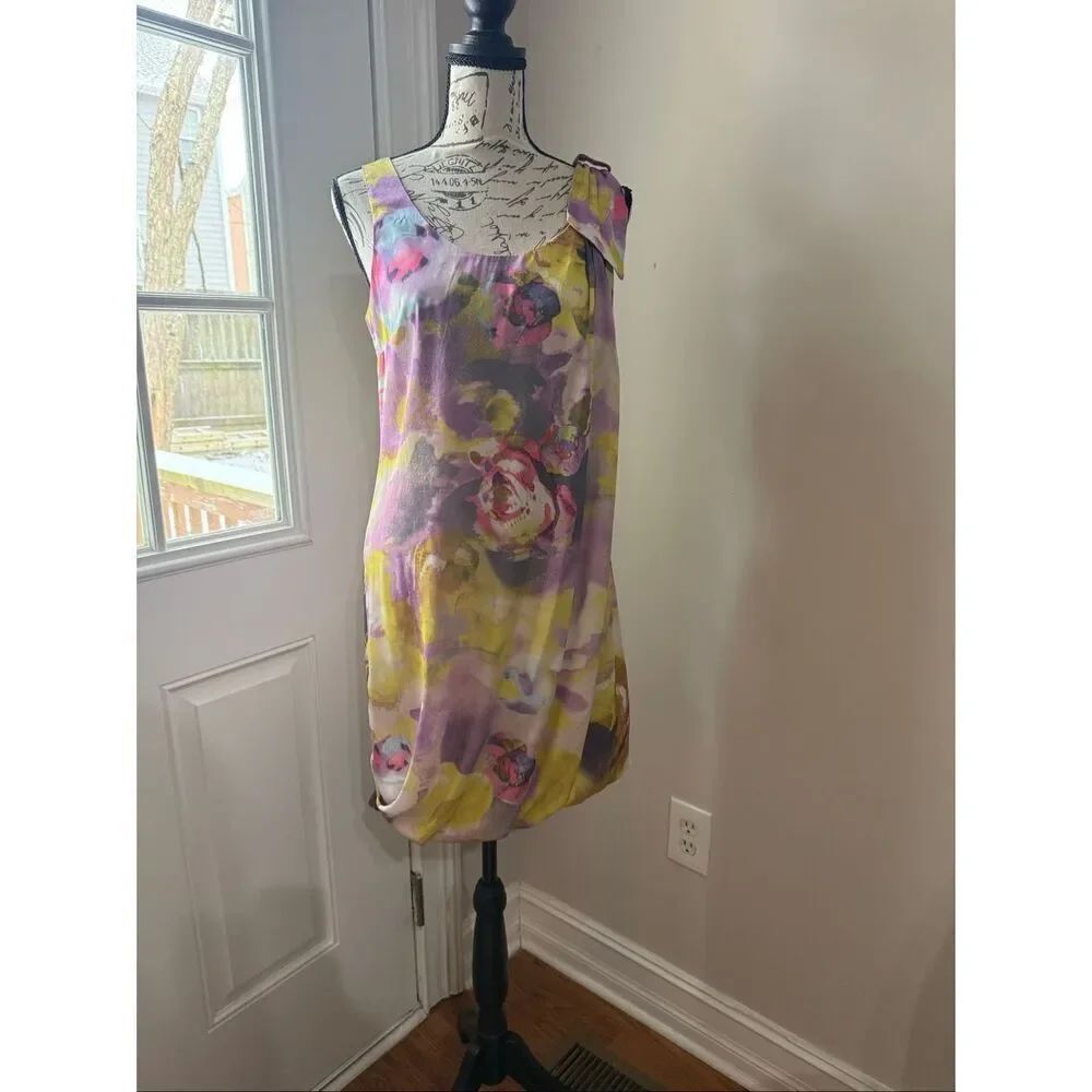 H&M Women's Floral Watercolor Sleeveless Bubble Hem Dress Lavender Yellow Size 4